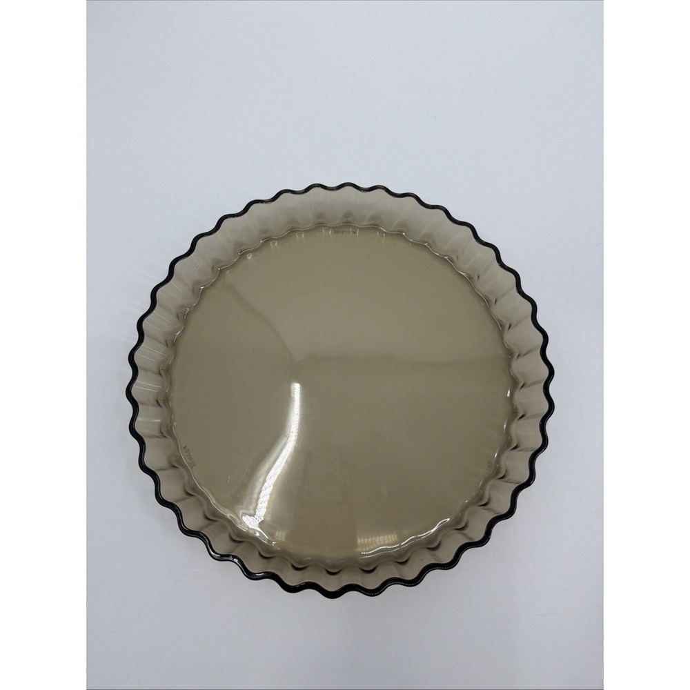 France Arcopal Quiche Dish 11" Smoke Brown Glass Fluted Tart Flan Vintage EUC